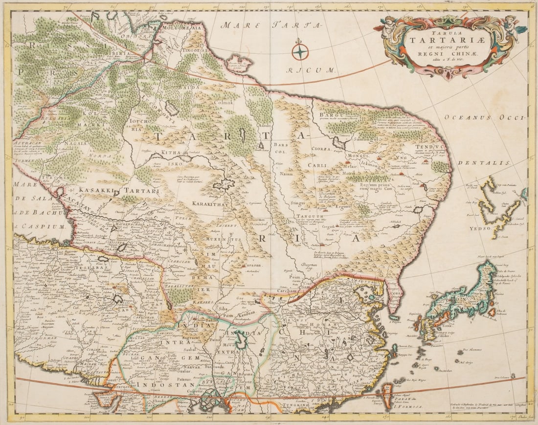 A 17TH CENTURY DE WIT MAP OF TARTARIA AND CHINA: Frederick De Wit (1629-1706) Tabula Tartariae et majoris partis Regni Chinae edita a F. de Wit Circa 1680 The hand colored copper plate engraving titled Map of Tartary and the major part of the Kingdo