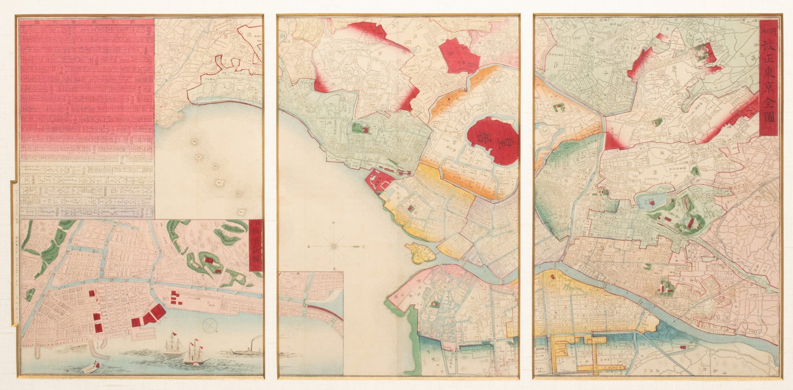 A WOODBLOCK PRINTED TRIPTYCH MAP OF TOKYO CIRCA 1887: Newly Engraved, Revised Complete Map of Tokyo Meiji 20 / 1887 Woodblock-printed triptych map joined in three oban sheets depicts the Japanese capital at the height of its Westernization efforts. The