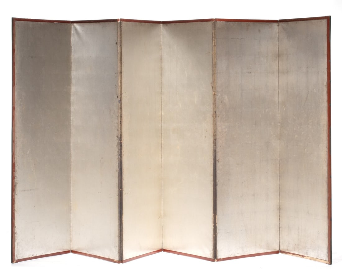 A FINE JAPANESE SIX PANEL SILVER LEAF FOLDING SCREEN (1 of 19)