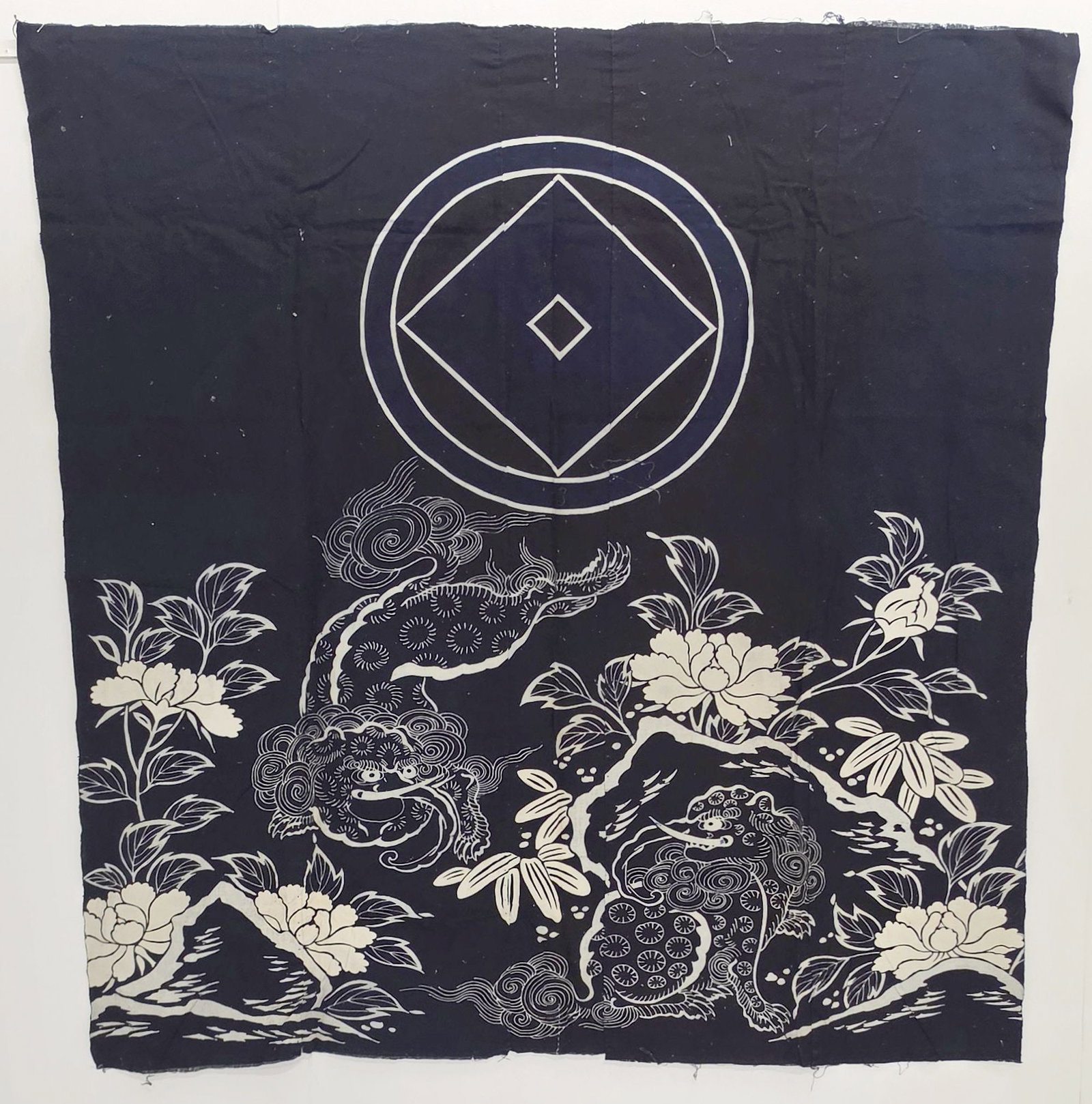 THREE JAPANESE STENCIL DYED TEXTILES: 1. Cranes and turtles measures 64 x 53 inches. 2. Lotus flower and dragon measures 60 x 58 inches. 3. Crane and branches measures 59 x 50 inches. Provenance: The estate of John Adair Jr. (1942-2025), 