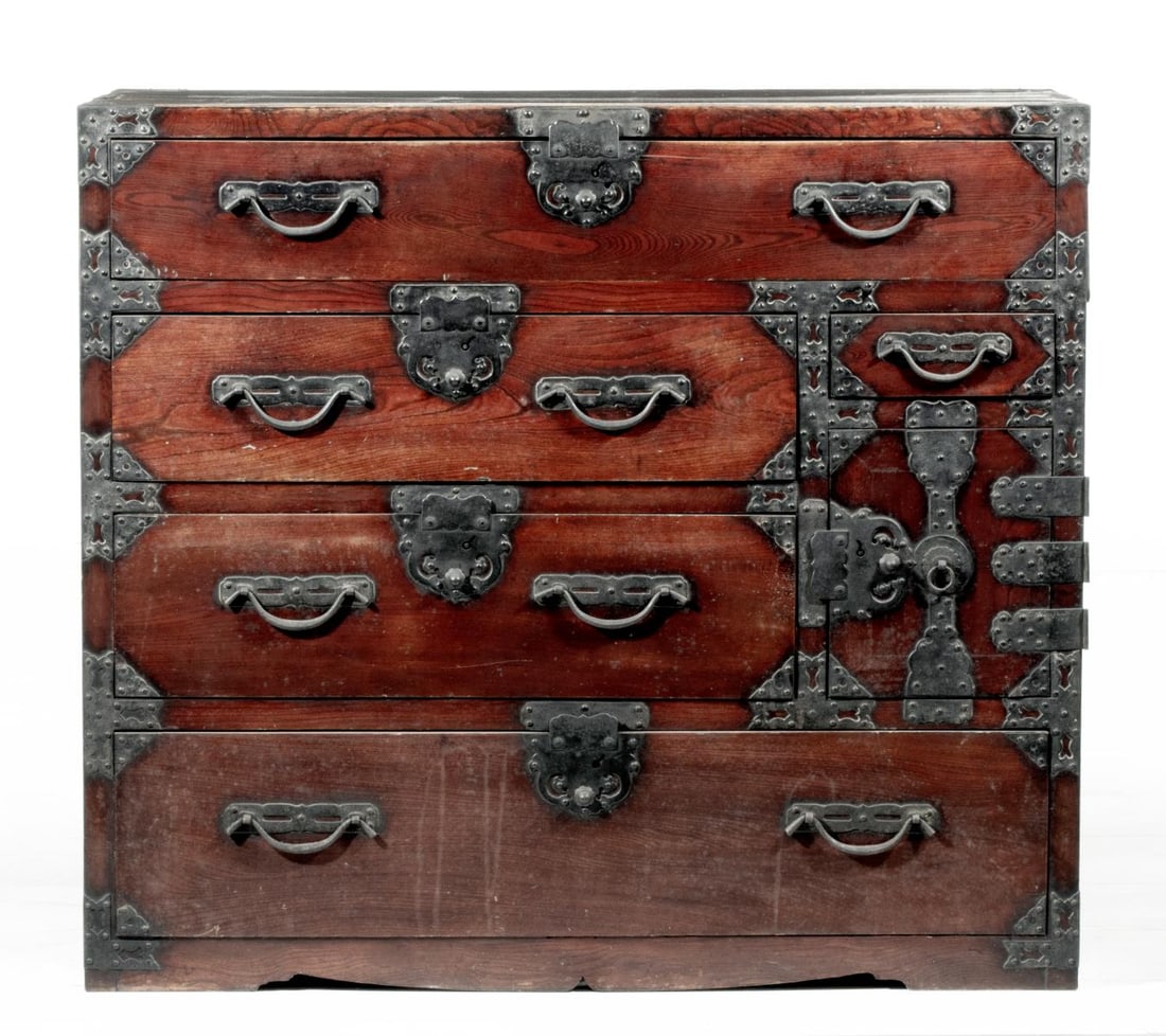 AN 18TH/19TH C. JAPANESE CEDAR AND KEYAKI WOOD CHEST: The 18th to early 19th century cedar cabinet is fronted in keyaki wood and with iron mounts. Measures 38 x 43 x 18.5 inches. Provenance: The estate of John Adair Jr. (1942-2025), founder and proprieto