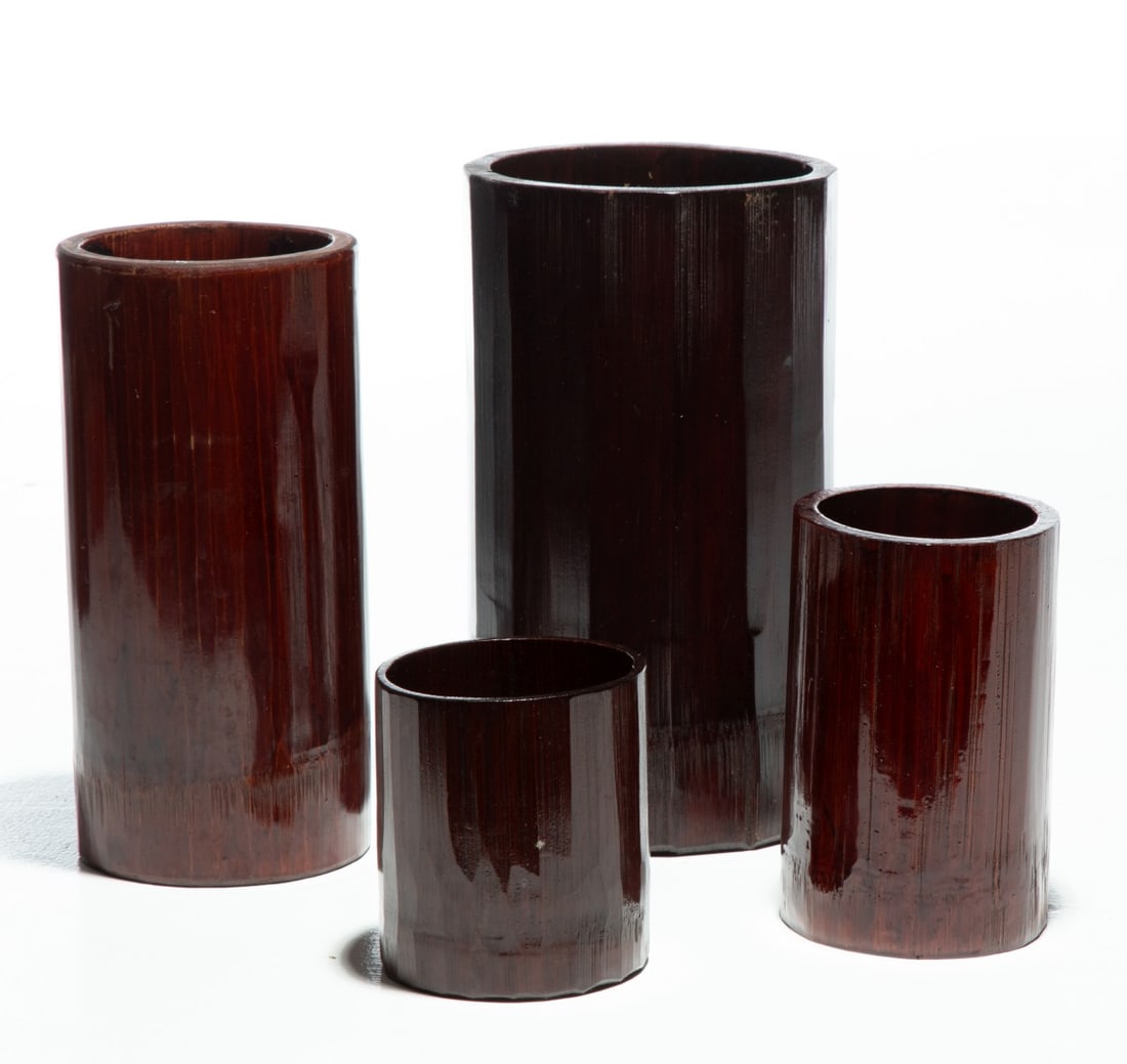 FOUR JAPANESE BAMBOO CYLINDER FLOWER VASES (1 of 6)