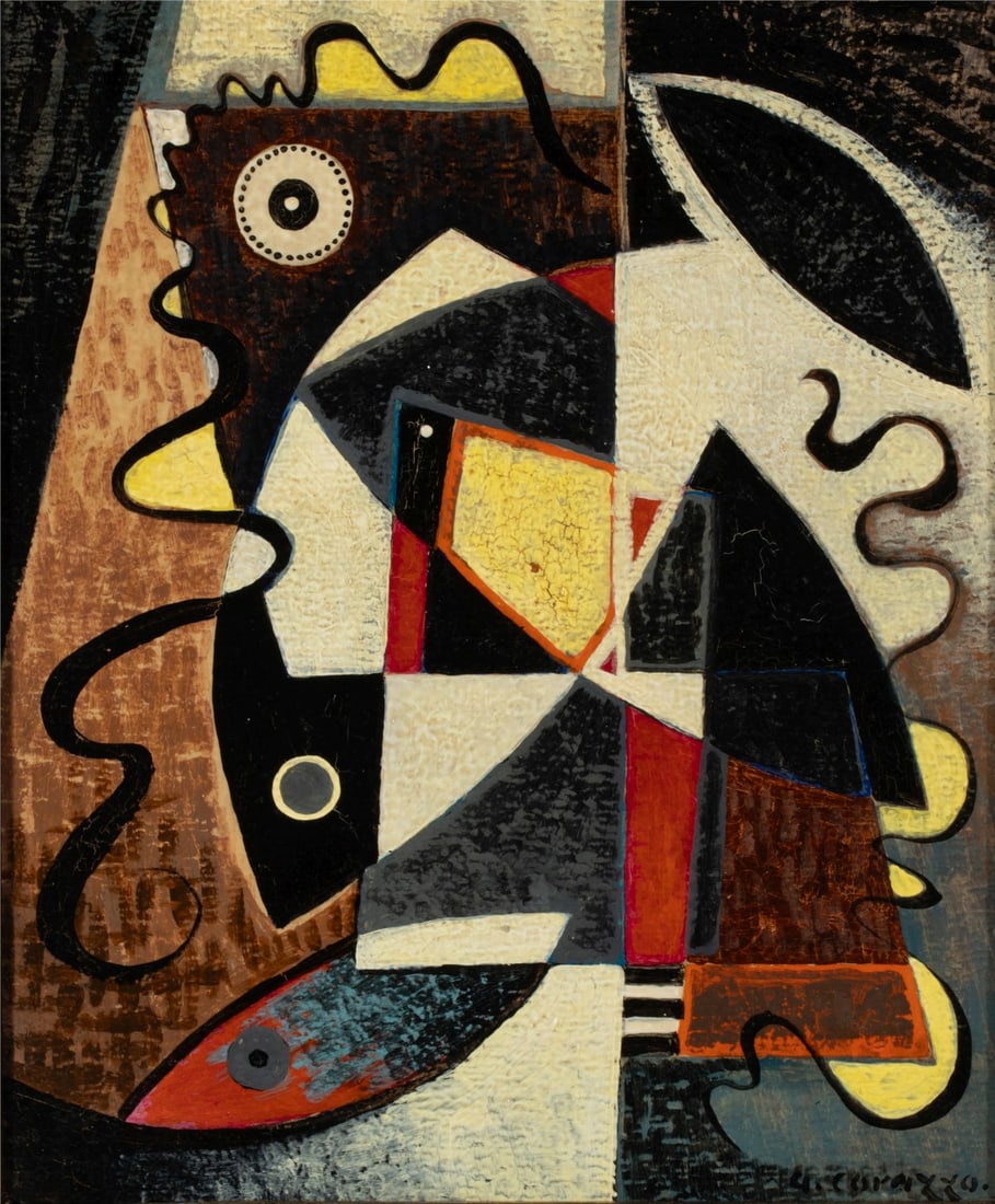 ALEXANDER CORAZZO (1908-1971) OIL ON ARTIST'S BOARD: Alexander Corazzo (Illinois, 1908-1971) Untitled (A Cubist Influence Abstraction) Mid 20th Century The striking composition employing hard edge color fields and abstracted avian forms bright reds and 