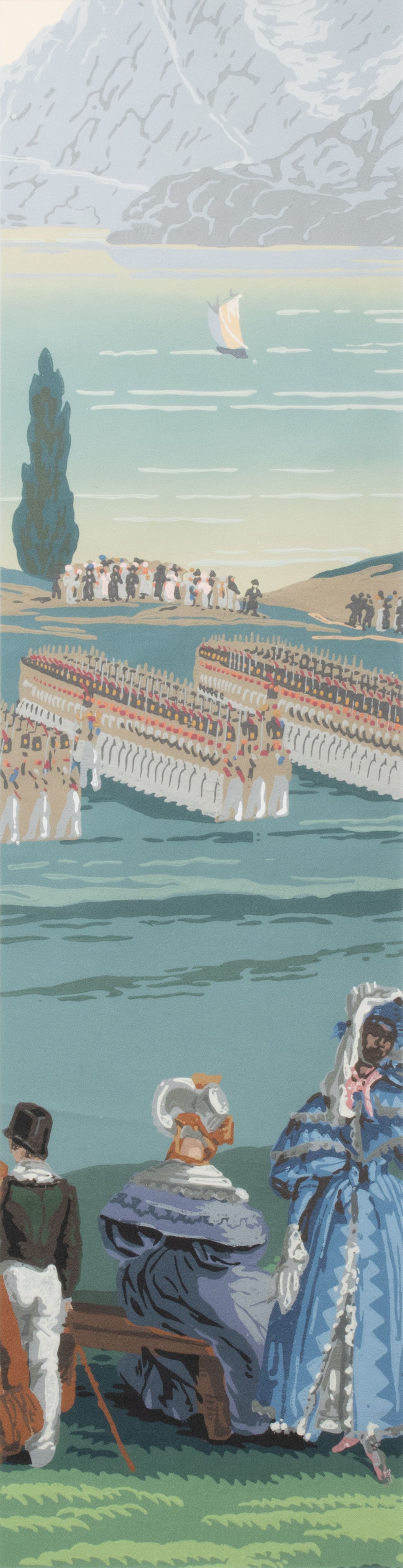 ZUBER & CIE BLOCK PRINTED WHITEHOUSE WALLPAPER FRAGMENT: The hand-block printed wallpaper panel, framed from Zuber & Cie, the French firm famous for hand block printed panoramic wallpaper installations since the early 19th century. Scenic America (Vues d'Am