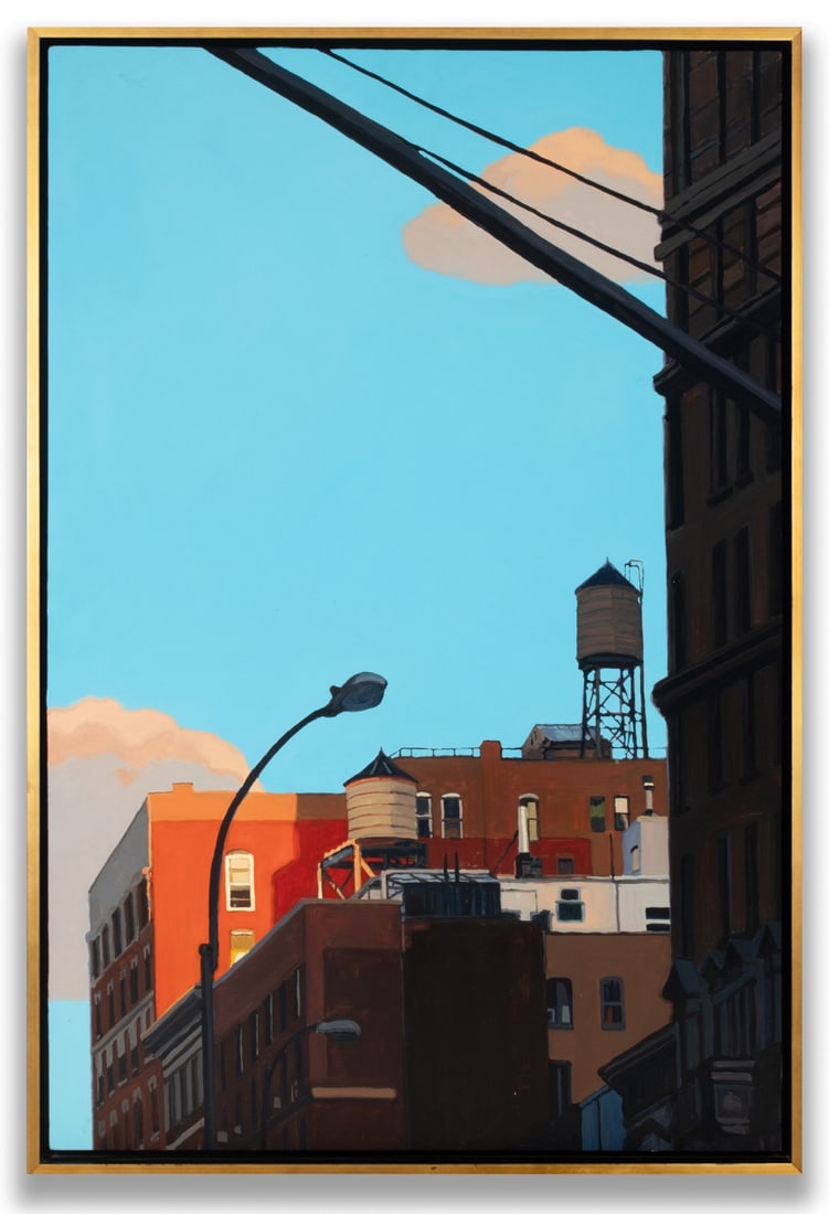 SONYA SKARLOFF (BORN 1970) OIL ON PANEL, NEW YORK: Sonya Sklaroff (Born 1970) Two Water Towers and Red Building Circa 2000 The crisp, clear study of light and shadow taken from a New York skyline is signed and titled in the artist's hand back side of