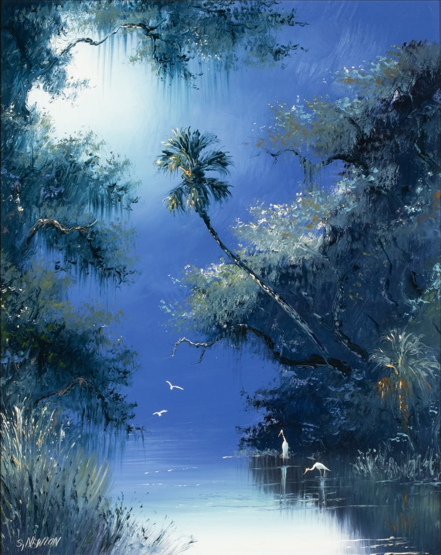 SAM NEWTON (B. 1948) MOONLIT FLORIDA GLADE OIL/BOARD: Sam Newton (Born 1948) Untitled (Moonlit Waterway) Late 20th Century The exceptional example capturing the atmosphere of a Florida glade at night is signed with sgraffito signature lower left. Sam