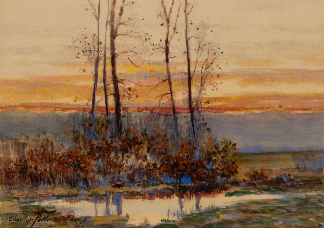 CHARLES PARTRIDGE ADAMS (1858-1942) WATERCOLOR ON BOARD: Charles Partridge Adams (1858-1942) Autumn Twilight Near Denver Second quarter of the 20th Century. The luminous sunset landscape from near Denver is signed lower left front. The title is inscribed