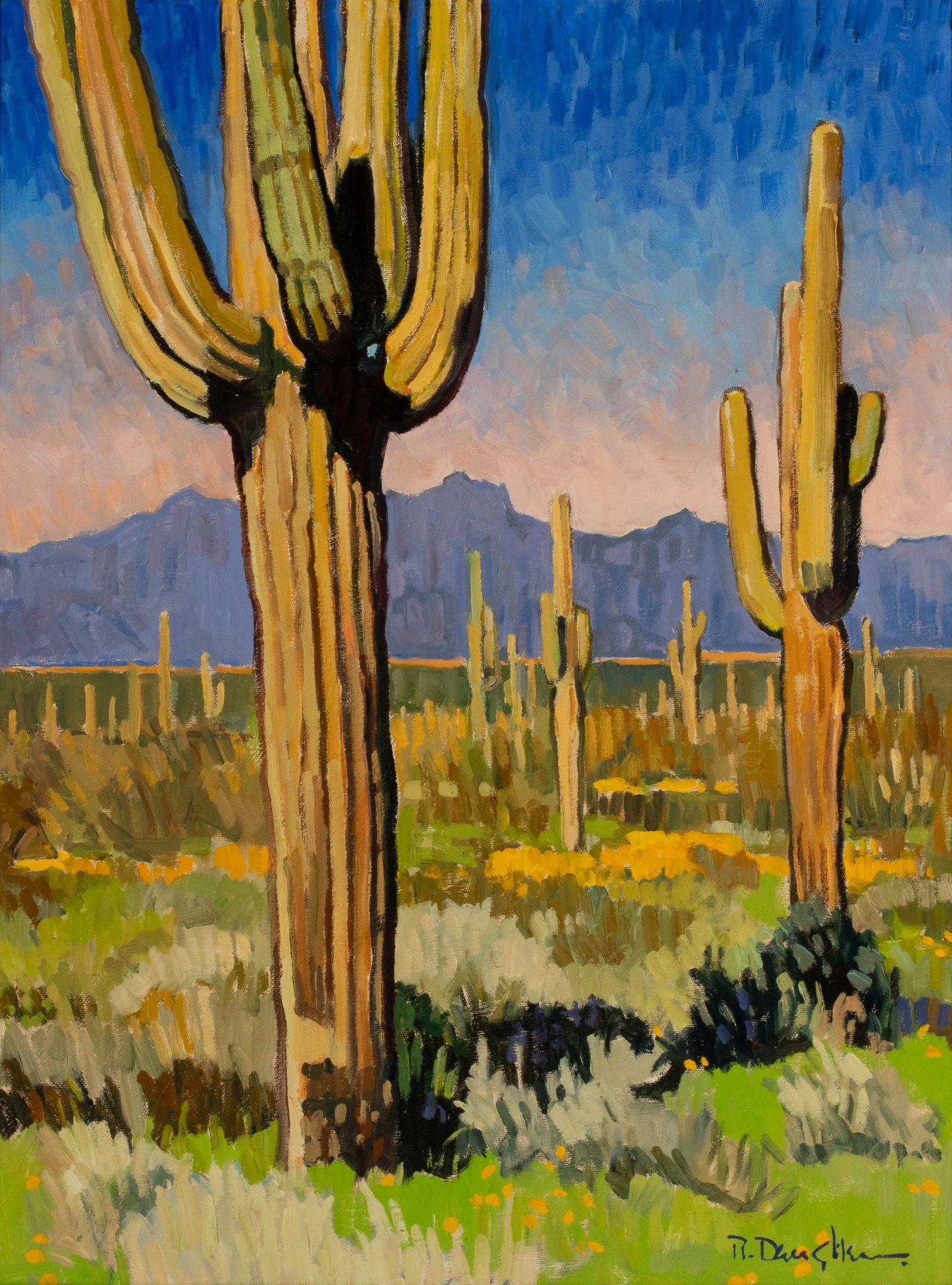 ROBERT DAUGHTERS (1929-2013) UNUSUAL OIL ON CANVAS: Robert Daughters (1929-2013) Desert Giants Circa 1997 Rare within the artist's body of work, this depiction of towering saguaros in late-afternoon to early-evening light, and shaded sky of pink and bl