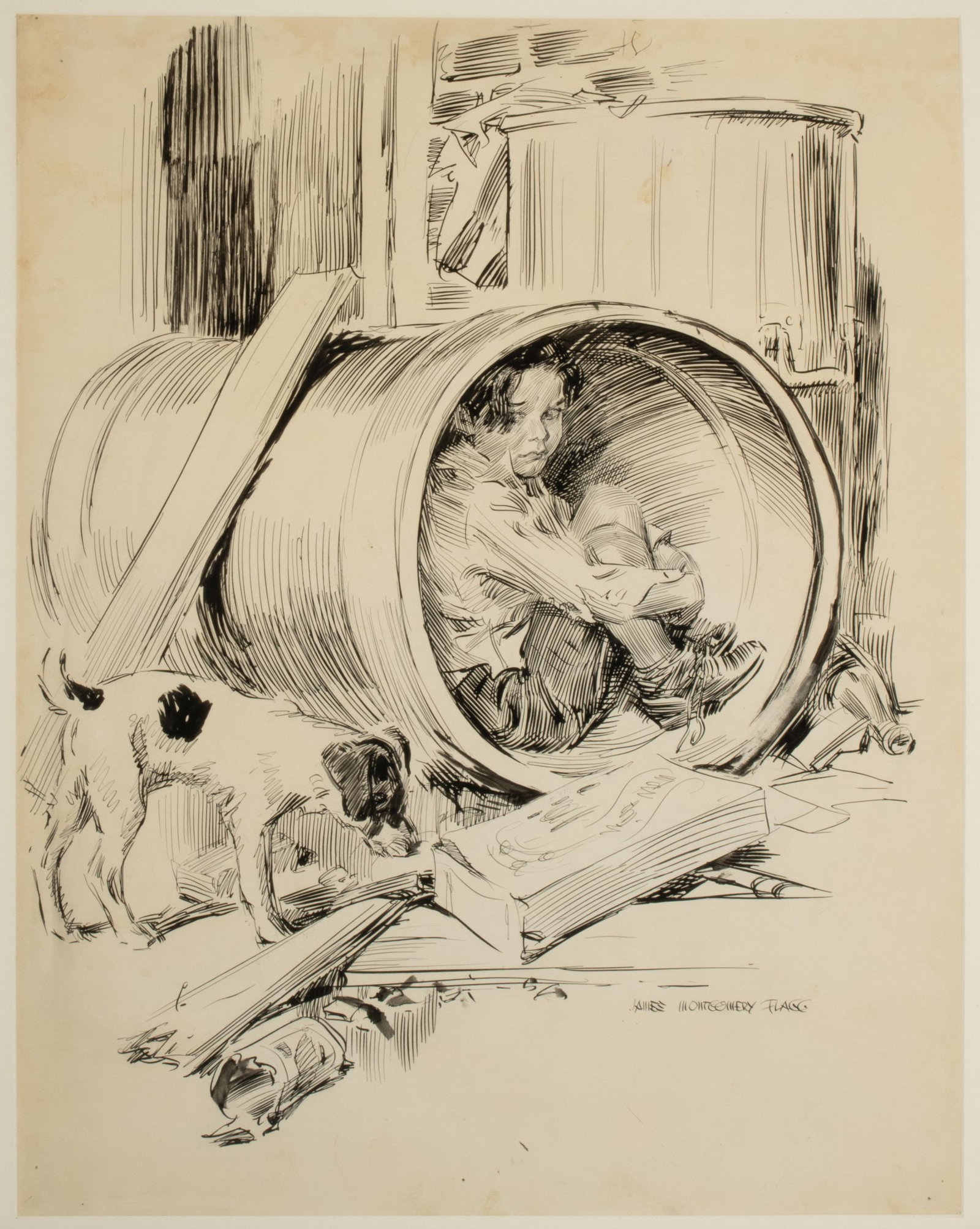 JAMES MONTGOMERY FLAGG ORIGINAL ILLUSTRATION, 1935: James Montgomery Flagg (1877-1960) Untitled (Mokey and Chum) 1935 The original illustration in India ink on paper is signed lower right. It illustrated a full-page plate in Mokey, a novel written by J