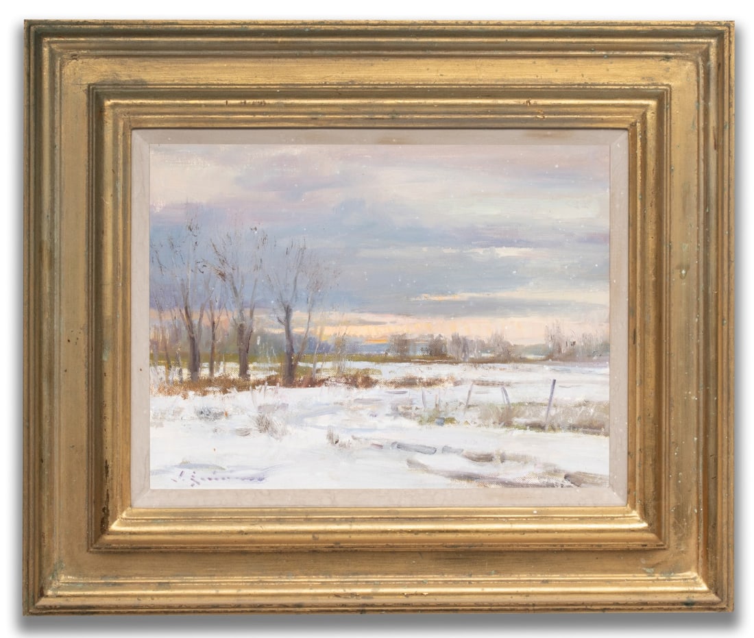 JOHN ENCINAS (B. 1949) AND A SECOND UNIDENTIFIED OIL: John Encinas (Born 1949) Winter Sunset 1992 1. Winter Sunset (1992). Oil on canvas board signed lower left and titled verso. Board measures 10 x 13 with a framed size of 15 x 18 inches. 2. An illegibl