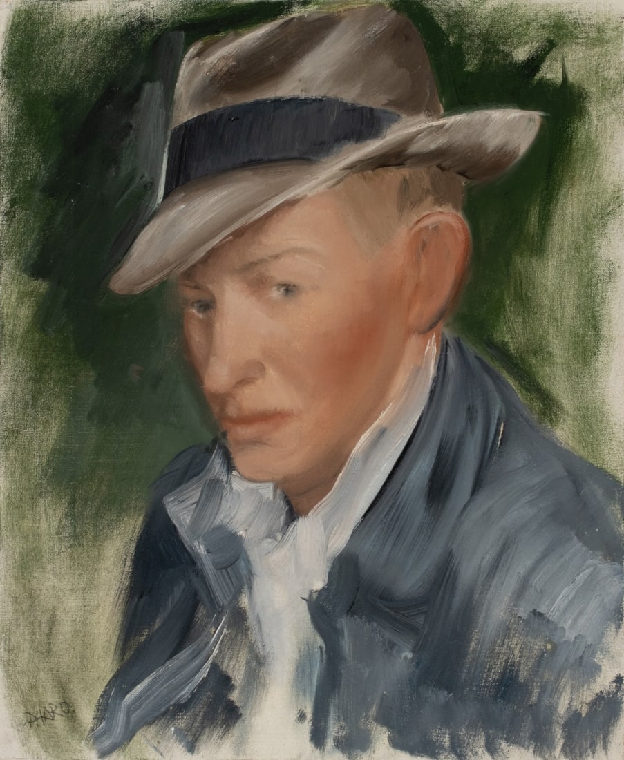 JACK PHARO (1902-1991) SELF=PORTRAIT OIL ON CANVAS: The Kansas artist's self portrait is signed lower left front. John 'Jack' Leland Pharo was a Kansas studio potter, painter, lithographer, and teacher best known for his ceramics work in Wichita. He wa
