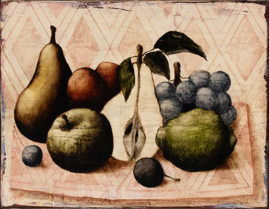 PHILLIPPE AUGE (BORN 1935) STILL LIFE ON CANVAS BOARD: Philippe Auge (Born 1935) Une poire jalouse d'une pomme (A Pear Jealous of an Apple) Third quarter of the 20th century. Signed lower left front. Canvas over board measures 10.5 x 13.75 with a framed s