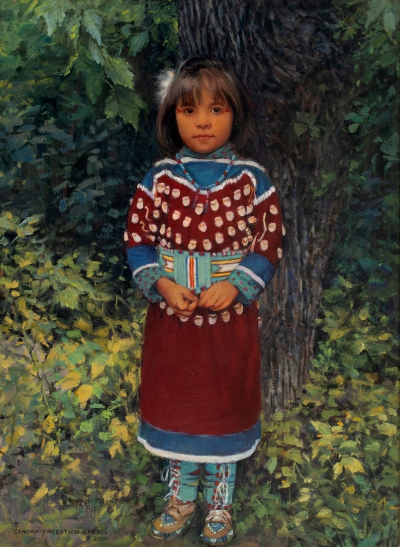 SANDRA HARRIS (Born 1954) OIL ON PANEL: Sandra Faulstich Harris (Born 1954) Miss Marissa 2001 This oil on panel depicts a historically accurate portrait of a young girl in an Apsaalooke woman artist's dress embellished with elk teeth. The