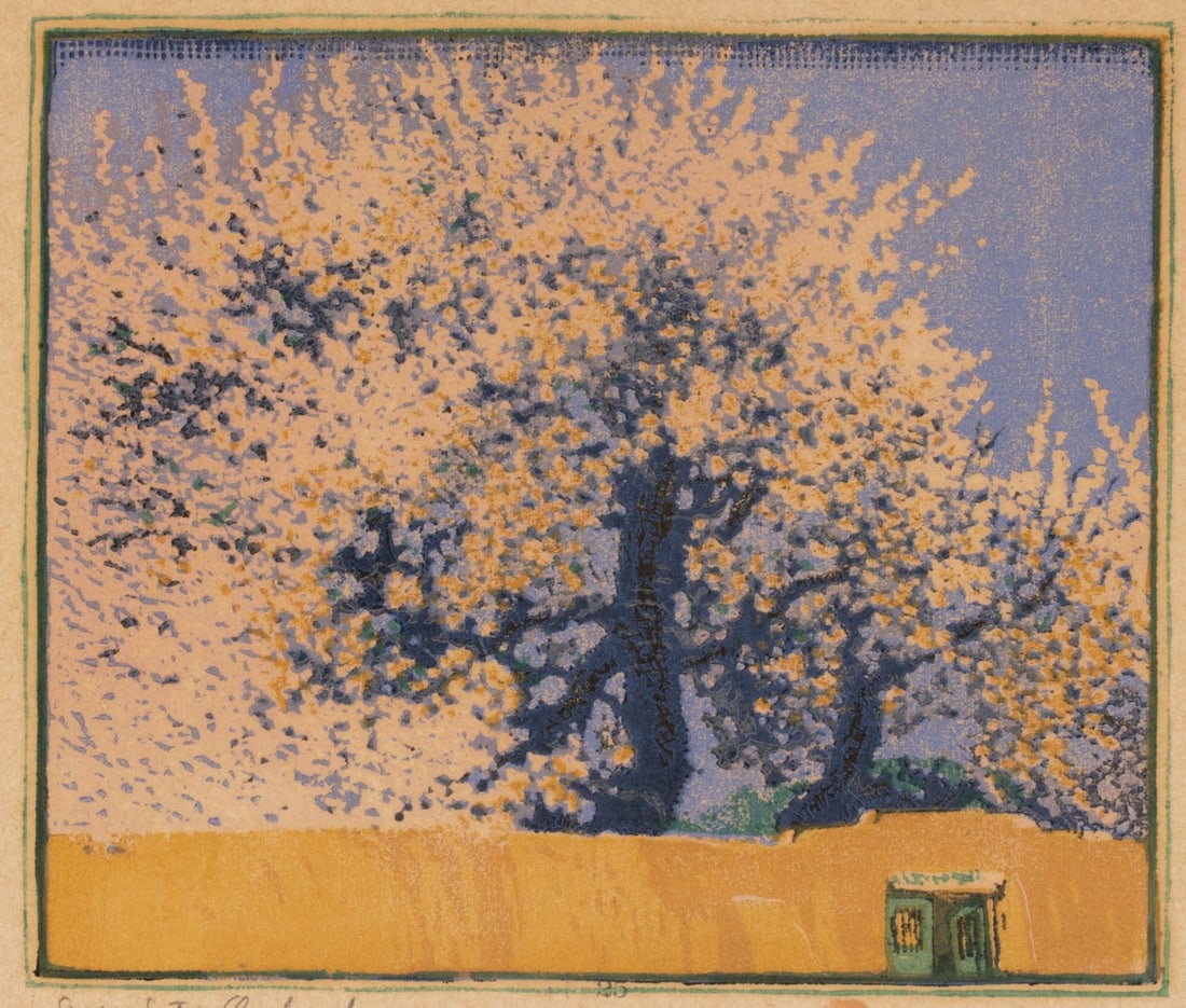 GUSTAVE BAUMANN (1881-1971) PENCIL SIGNED WOODCUT: Gustave Baumann (1881-1971) Green Gate Orchard 1923 The fine color woodcut numbered 25 (ink stamp) from the stated edition of 100 prints in three editions, is signed by the artist in pencil below the 