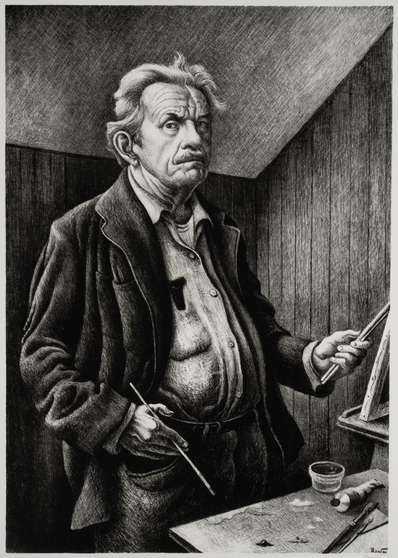 THOMAS HART BENTON (1889-1975) PENCIL SIGNED LITHO: Thomas Hart Benton (Missouri, 1889-1975) Self-Portrait 1972 The fine, dark impression from an edition of 300 prints on BFK watermark paper is found in exceptional condition. The work is signed by the 