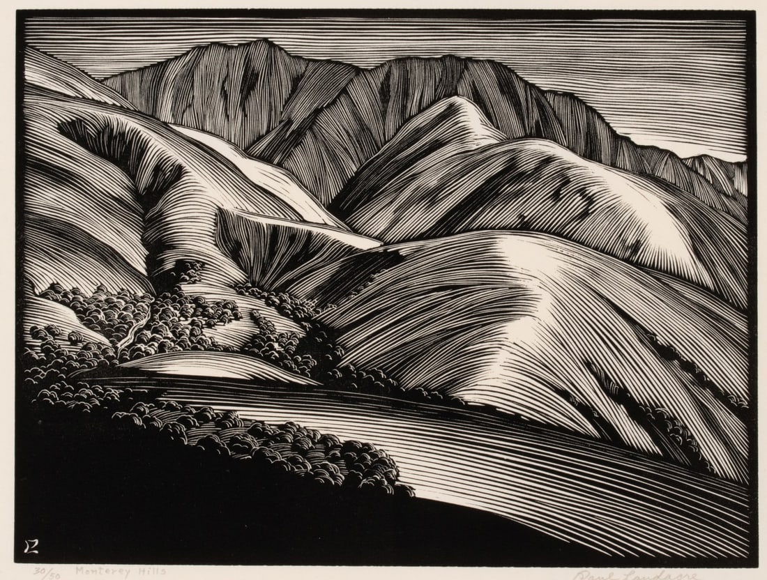PAUL LANDACRE (1893-1963) IMPORTANT WOOD ENGRAVING: Paul Landacre (1893-1963) Monterey Hills Circa 1930 The important modernist wood engraving produced late 1920s to early 1930s is inscribed 30/50 and titled in pencil lower left, signed by Paul Landacr