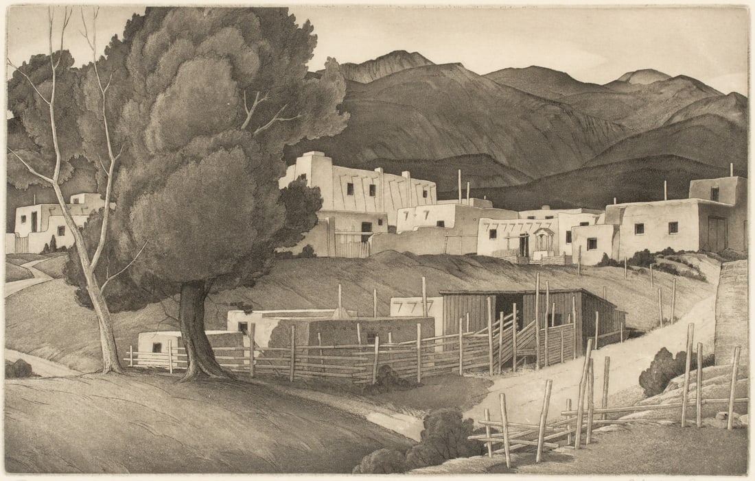 CHARLES CAPPS (1898-1981) SIGNED AQUATINT IMAGE OF TAOS (1 of 12)