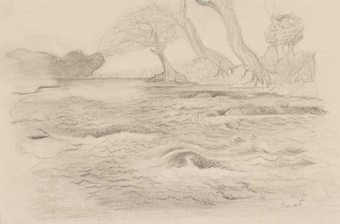 THOMAS HART BENTON (1889-1975) GRAPHITE ON PAPER STUDY: Thomas Hart Benton (1889-1975) Untitled (Ozark Riffles) Mid 20th Century The softly and pleasingly drafted sketch in pencil on paper depicts 'a shallow stretch in a river where water runs quickly over