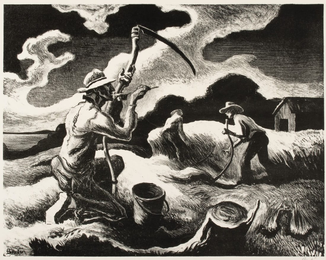 THOMAS HART BENTON (1889-1975) PENCIL-SIGNED LITHOGRAPH: Thomas Hart Benton (1889-1975) Island Hay 1945 Inspired by a haying scene first sketched in the 1920s, most likely at the Henry Look farm near Benton's home on Martha's Vineyard, this lithograph, publ