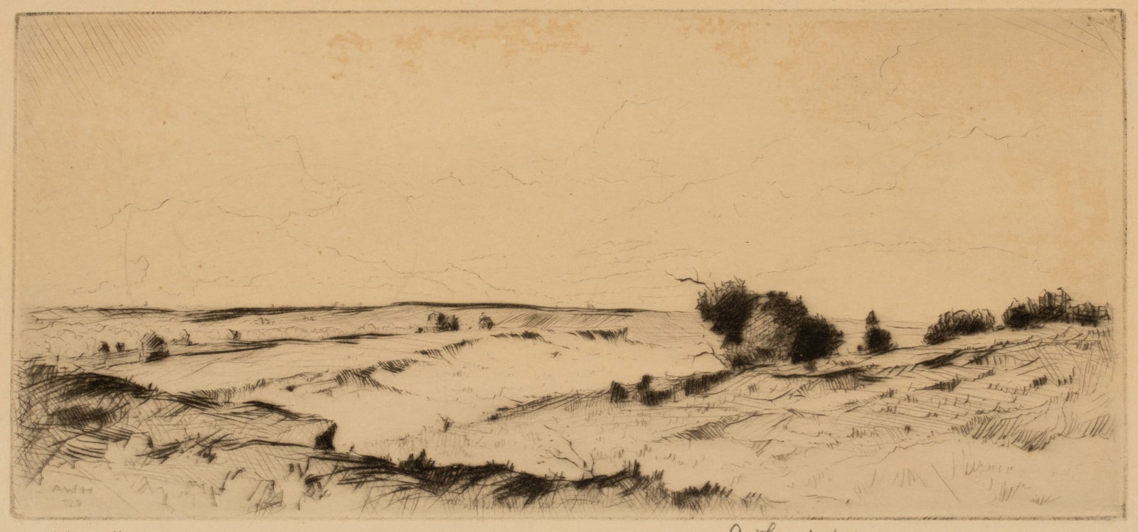 ARTHUR HALL (1889-1981) RARE DRYPOINT 'FLINT HILLS' (1 of 13)