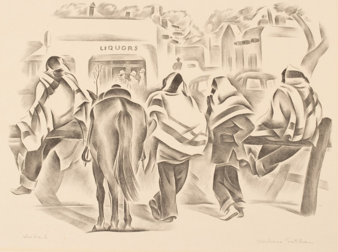 BARBARA LATHAM (1896-1989) PENCIL SIGNED LITHOGRAPH: Barbara Latham (Cook) (1896-1989) The Rail Circa 1949 The lithograph is signed by the artist in pencil below the image lower right and titled lower left. The Taos modernist Barbara Latham was an Ameri