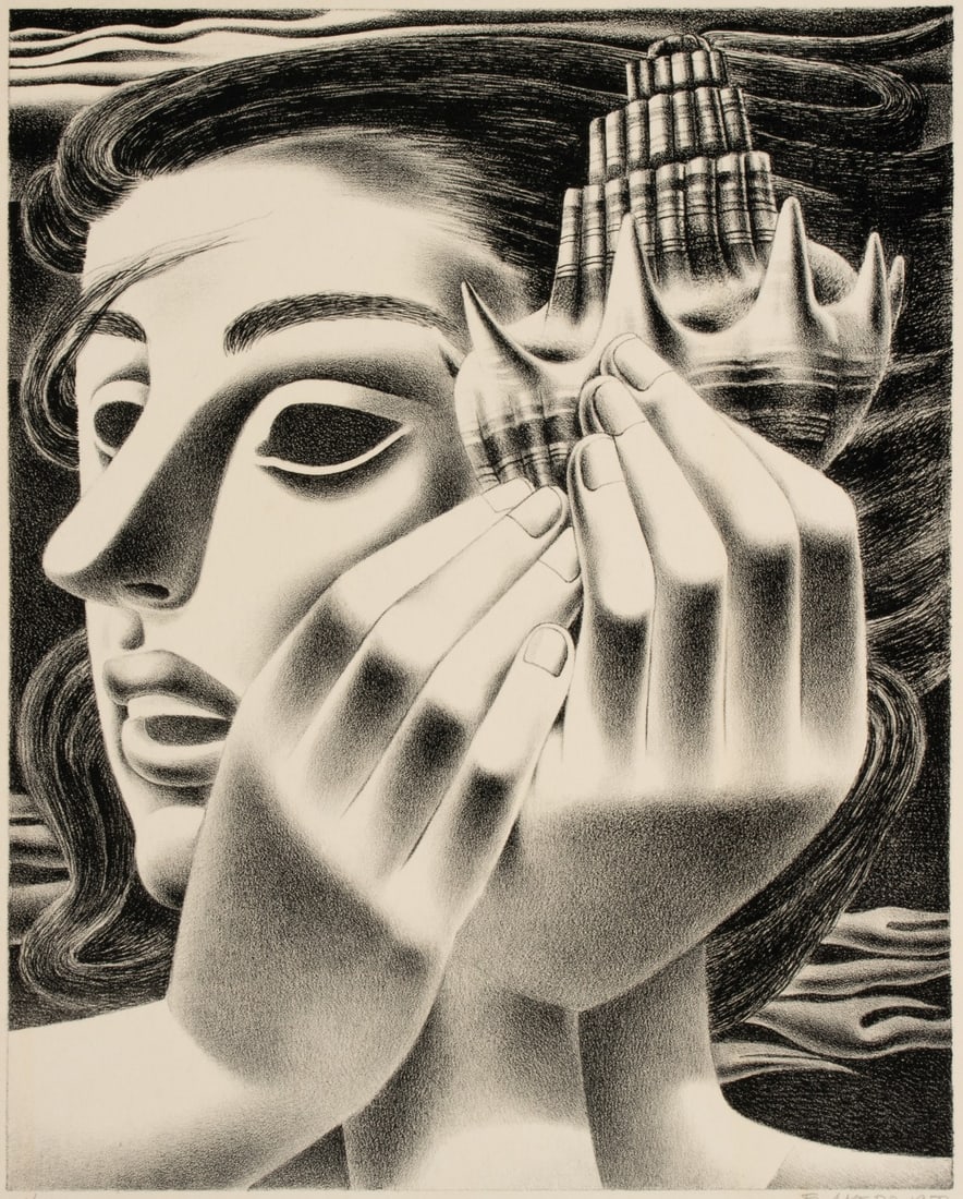 EMILIO AMERO (1901-1976) PENCIL SIGNED LITHOGRAPH: Emilio Amero (Mexican 1901-1976) Woman Listening (The Shell) Mujer Escuchando La Concha (Woman with Shell) 1950 The lithograph from an edition of only 25 prints is signed and dated by the artist in
