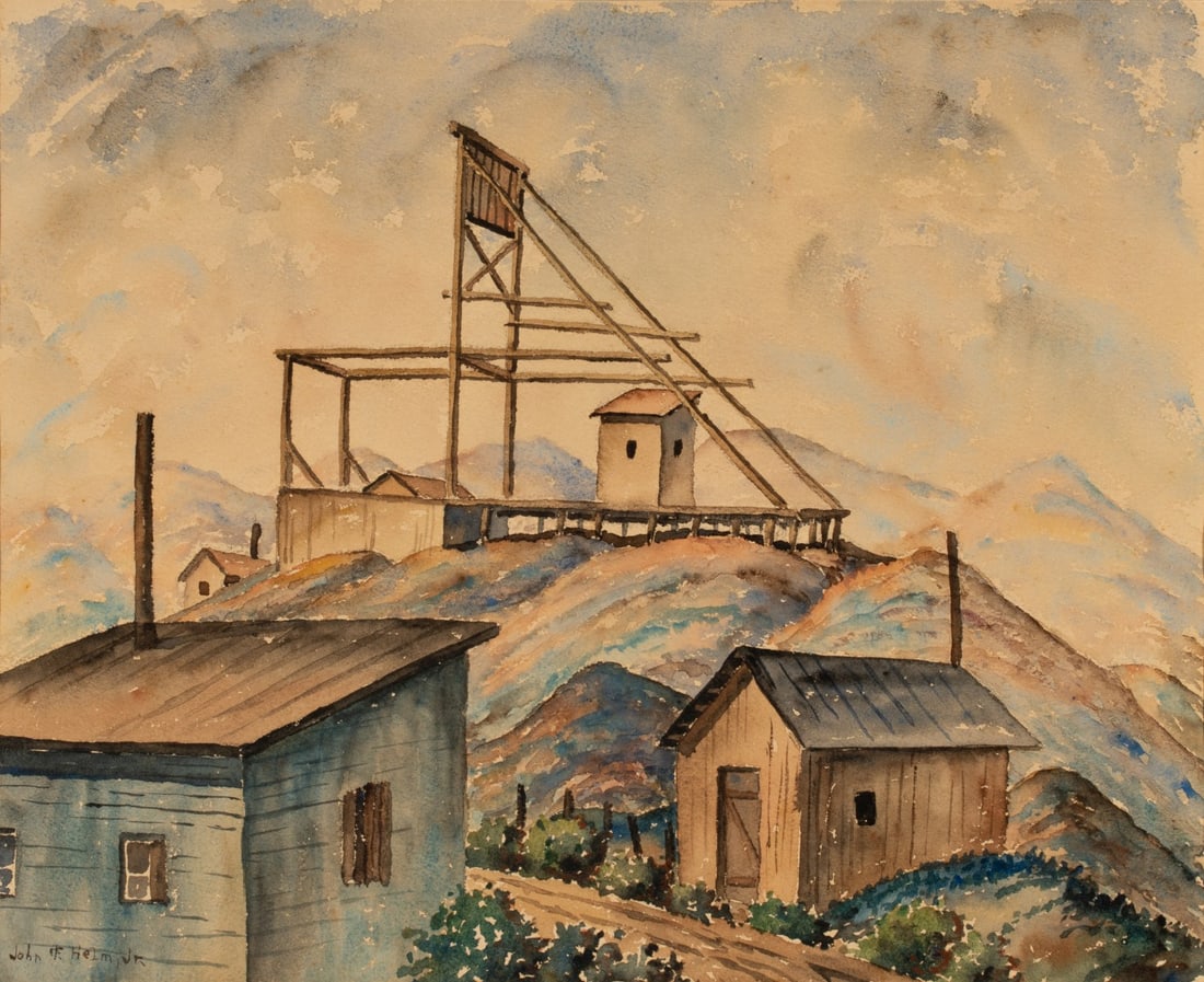 JOHN F. HELM. JR. (1900-1972) WATERCOLOR ON PAPER: John F. Helm, Jr. (Kansas, 1900-1972) Colorado Mine Tipple 1929 The scarce watercolor is signed lower left front and titled verso near the date. John Helm was a Kansas printmaker, painter, and longtim