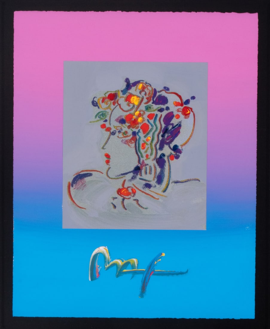 PETER MAX (B. 1937) ORIGINAL ACRYLIC, PLUS INK SKETCH: Peter Max (Born 1937) Untitled (Romance Suite: Profile) Late 20th Century The unique original acrylic painting on paper is signed by hand lower front and bears the artist's stamp backside of the