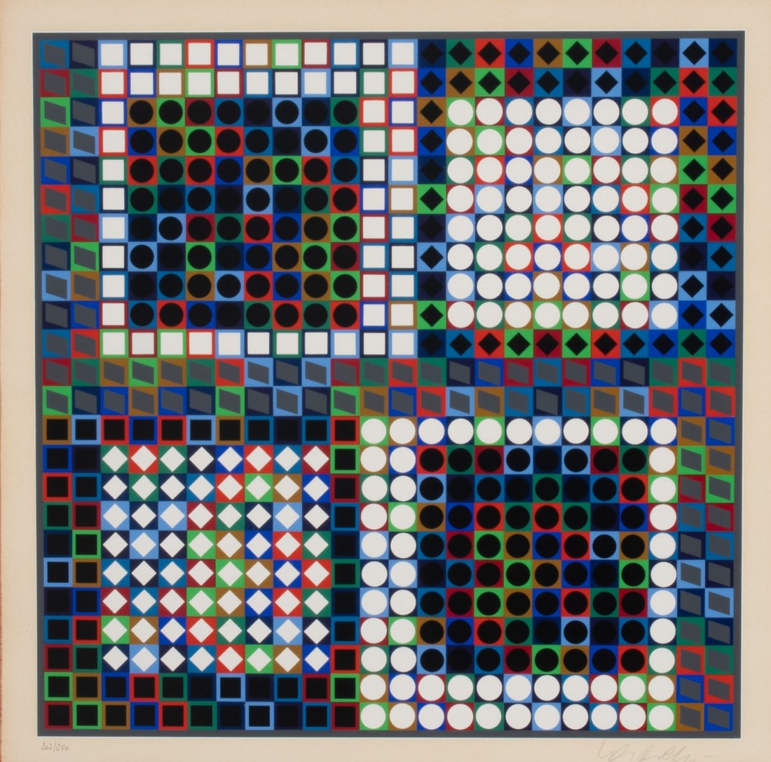 VICTOR VASARELY (1906-1997) PENCIL SIGNED SERIGRAPH: Victor Vasarely (1906-1997) Our-MC-2 1970 The serigraph, numbered 202 from an edition of 250 prints, is signed by the artist in pencil below the image lower right. Image measures 15.75 x 15.75 with a 