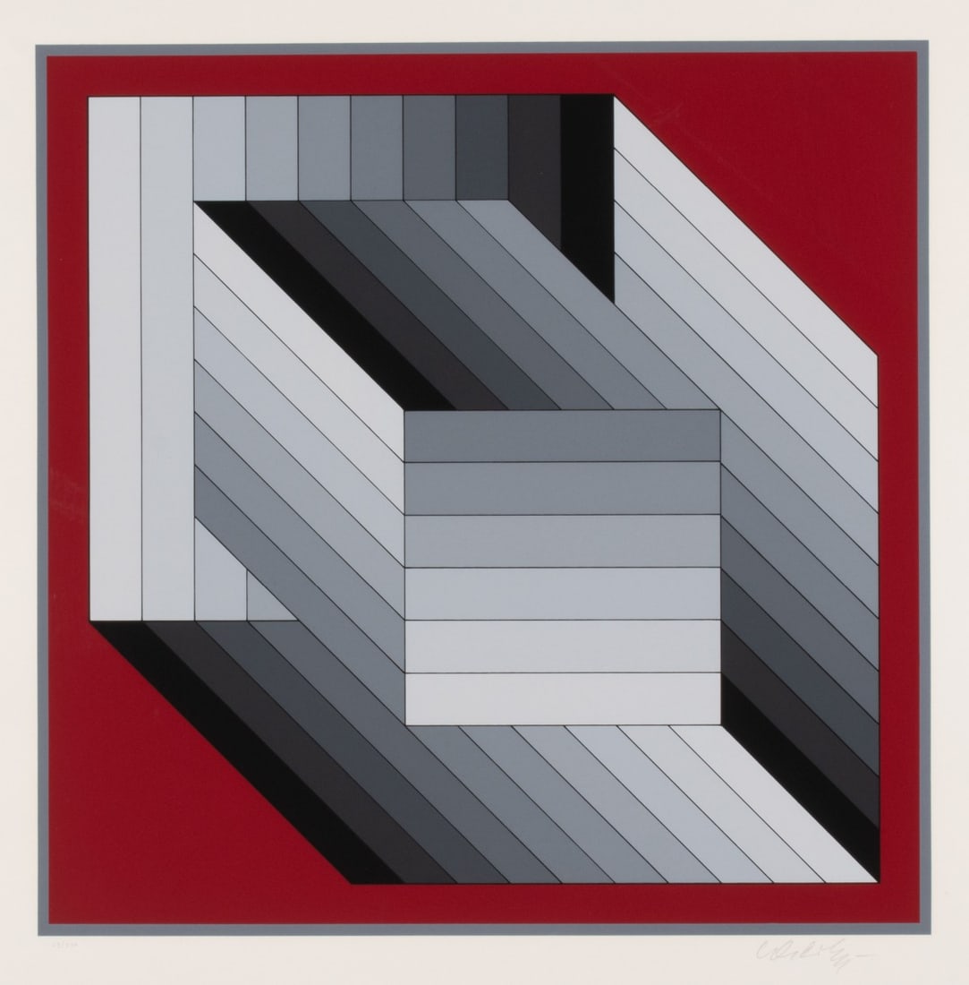 VICTOR VASARELY (1906-1997) PENCIL SIGNED SERIGRAPH: Victor Vasarely (1906-1997) Tridim Gris 1986 The serigraph, numbered 29 from an edition of 200 prints, is signed by the artist in pencil below the image lower right, inscribed 'Tridim' verso in pencil