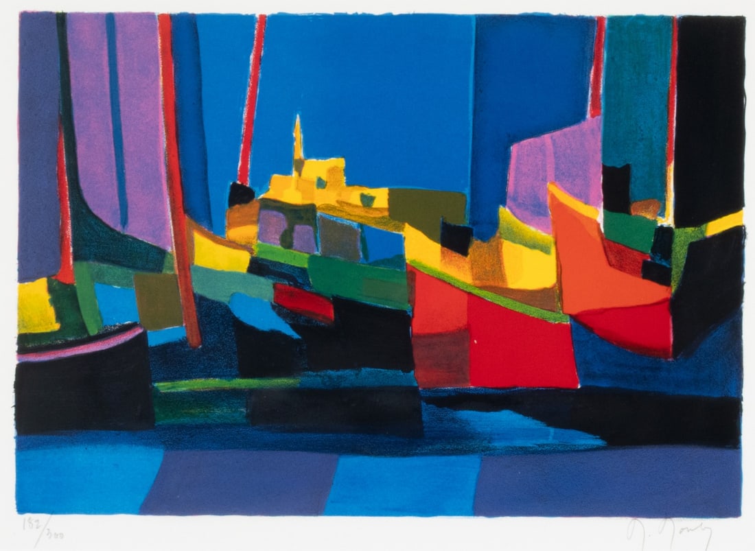 MARCEL MOULY (1918-2008) PENCIL SIGNED LITHOGRAPH: Marcel Mouly (French, 1918-2008) Les Paquebots 1997 The lithograph in colors, numbered 182 from an edition of 300 prints, is signed by the artist in pencil below the image lower right. Image measures 