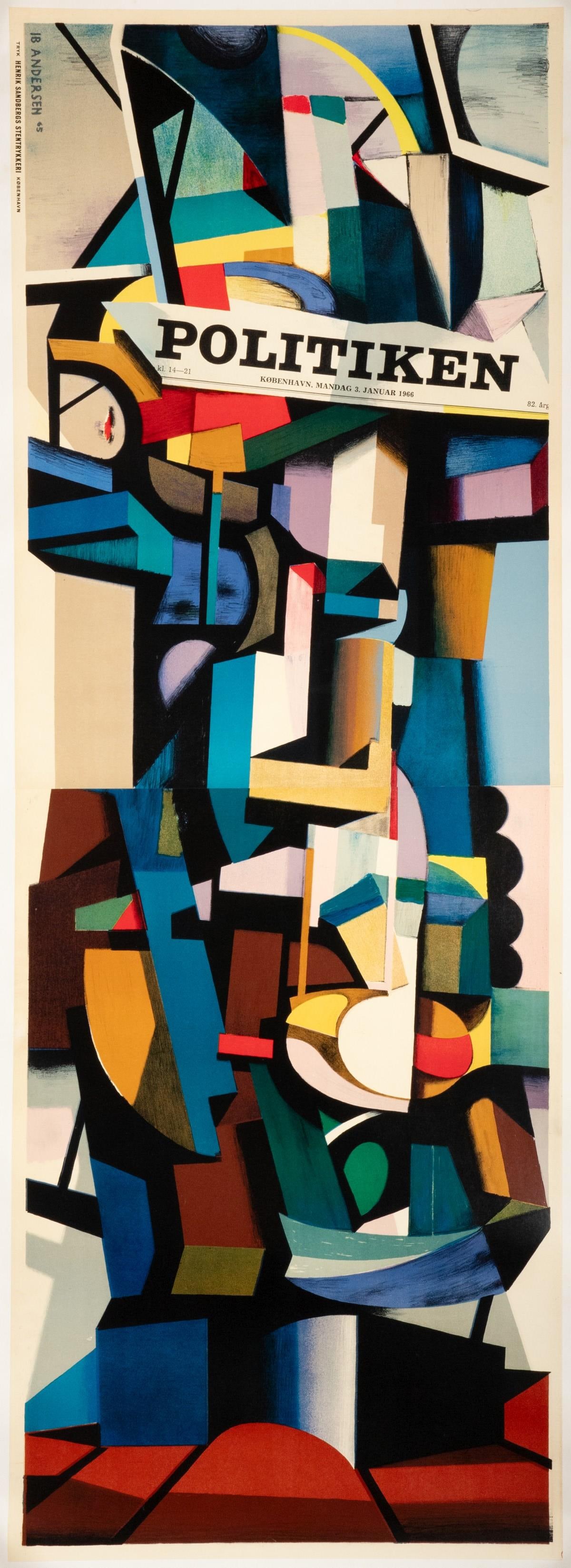 IB ANDERSEN (1907-1989) CUBIST LITHOGRAPHIC POSTER, 1965: The stone lithograph poster for the Danish Newspaper Politikenin is printed sixteen colors, dated 1965, and professionally mounted to archival linen. Can be rolled for shipping. Measures 73 x 28.25 in