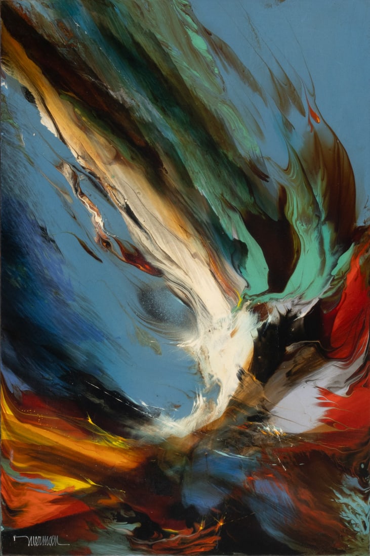 LEONARDO NIERMAN (1932-2023) OIL ON MASONITE: Leonardo M Nierman (Mexico, 1932-2023) Cosmic Flame The striking composition of a distant blue expanse with formations of gaseous-looking colors is signed lower right. Panel measures 24 x 16.5 with a 
