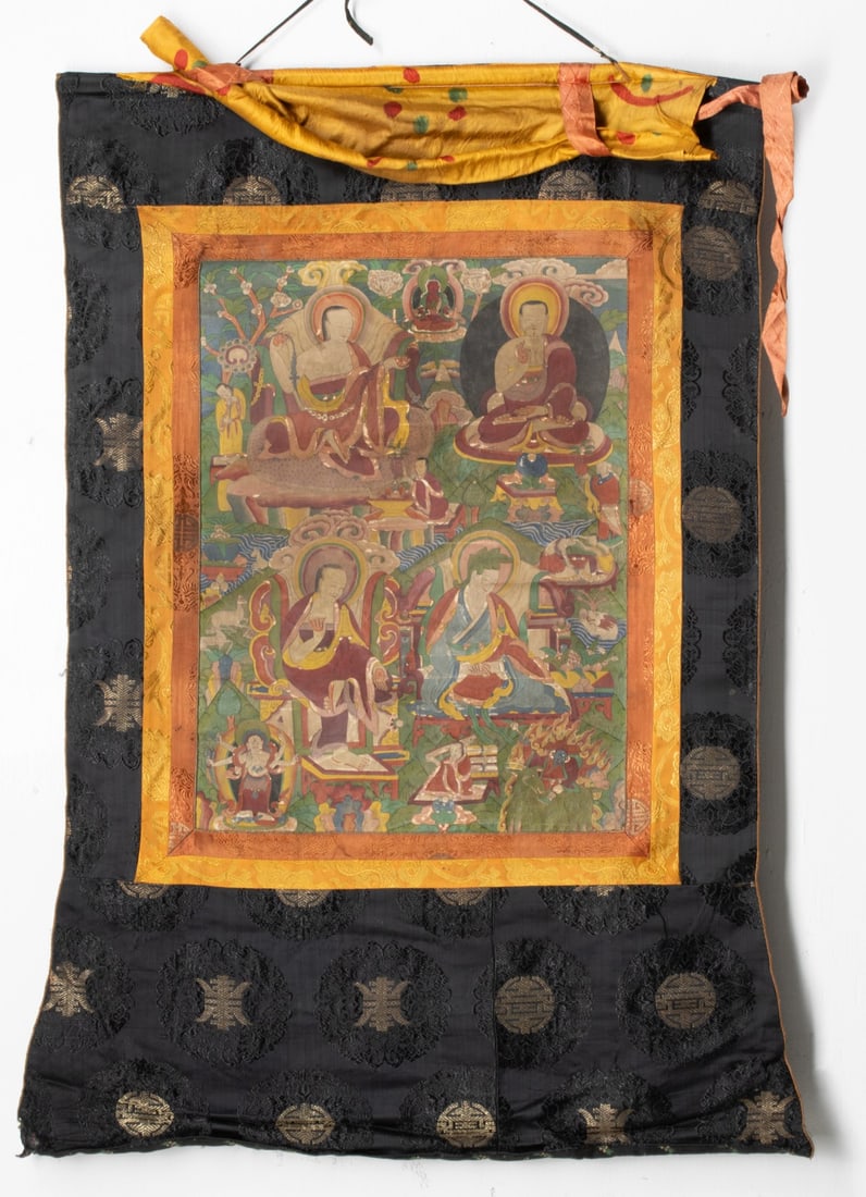 A 19C. TIBETAN THANGKA DEPICTING AN ASSEMBLY OF ARHATS (1 of 17)