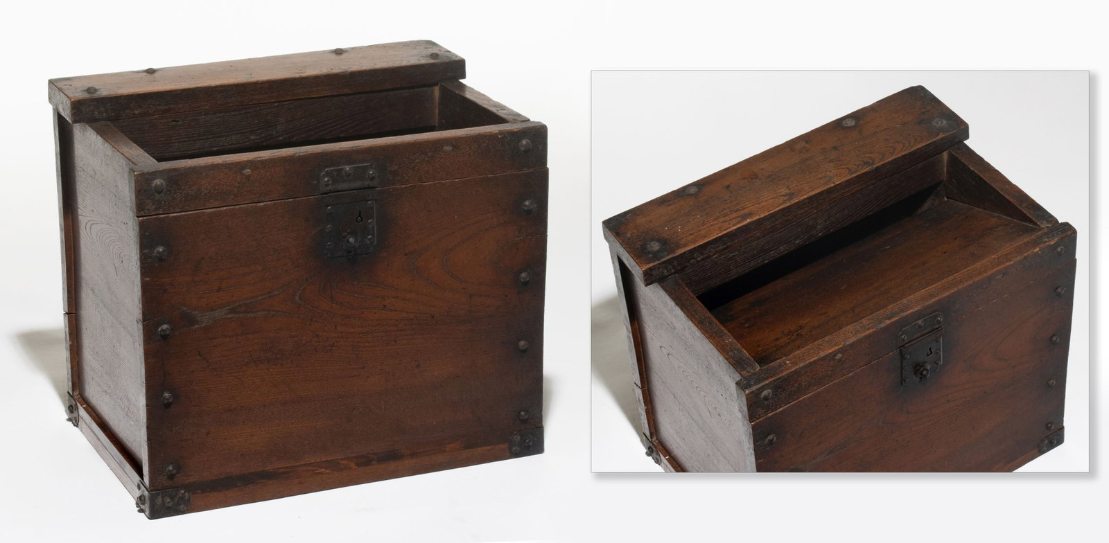 A LARGE MEIJI JAPANESE KEYAKI WOOD MONEY BOX: With warm chocolate brown patina, iron fittings and joinery each surrounded by a halo of black patina, sliding lid with lock, paulownia wood base. Measures 16.5 x 18.75 x 13 inches. Provenance: The es