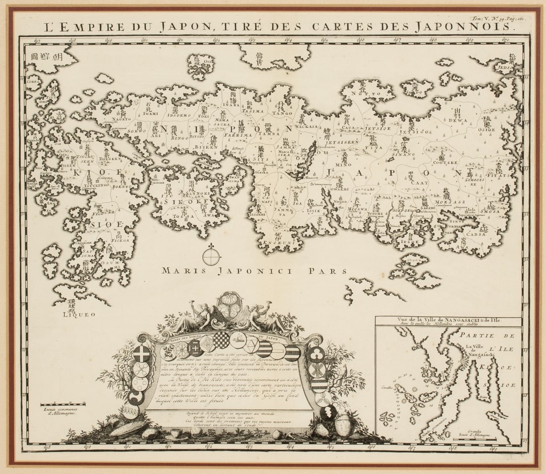 AN 18TH CENTURY MAP OF JAPAN BY Z. CHATELAIN: Henri Abraham Chatelain L'Empire du Japon, tire des cartes des Japonnois Circa 1719 Depicts Japan's 66 historic provinces, an ornate coat-of-arms cartouche at the bottom displays heraldic crests of th