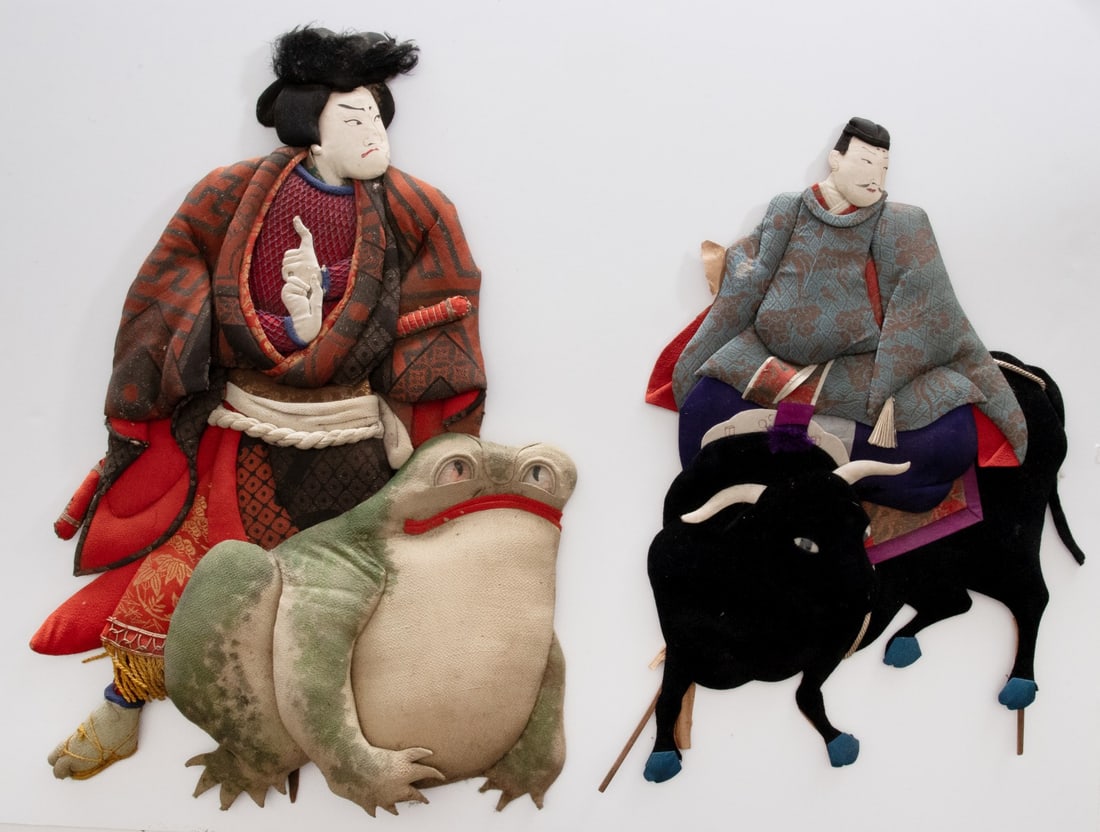 A COLLECTION OF TWENTY JAPANESE OSHIE ROD PUPPETS: The entire lot as shown. Sizes range from 8.5 x 5 to 20.5 x 14 inches. Provenance: The estate of John Adair Jr. (1942-2025), founder and proprietor of Kurofune Antiques in Tokyo (est. 1978), a world-r