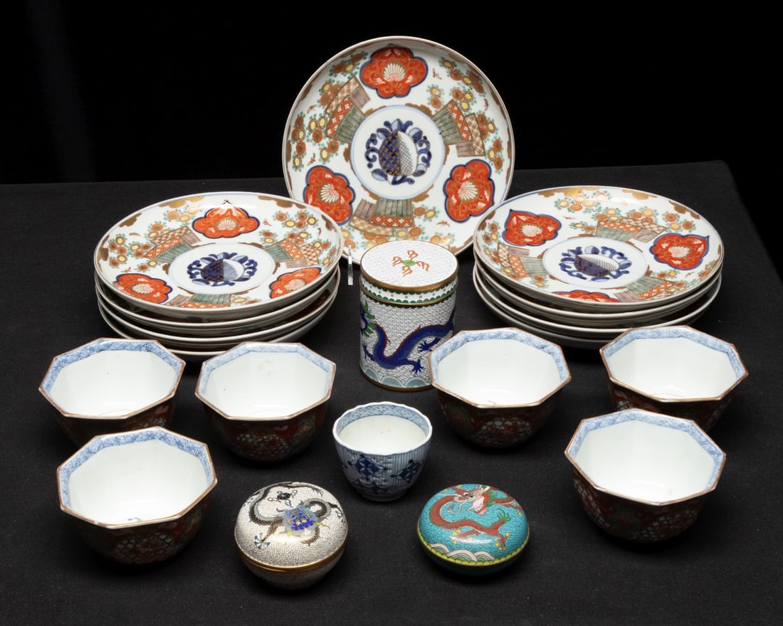 ANTIQUE JAPANESE IMARI PORCELAIN AND CHINESE CLOISONNE': The entire lot as shown. Sizes range from 1.5 x 3.25 to 8.5 inches in diameter. Provenance: The estate of John Adair Jr. (1942-2025), founder and proprietor of Kurofune Antiques in Tokyo (est. 1978), 