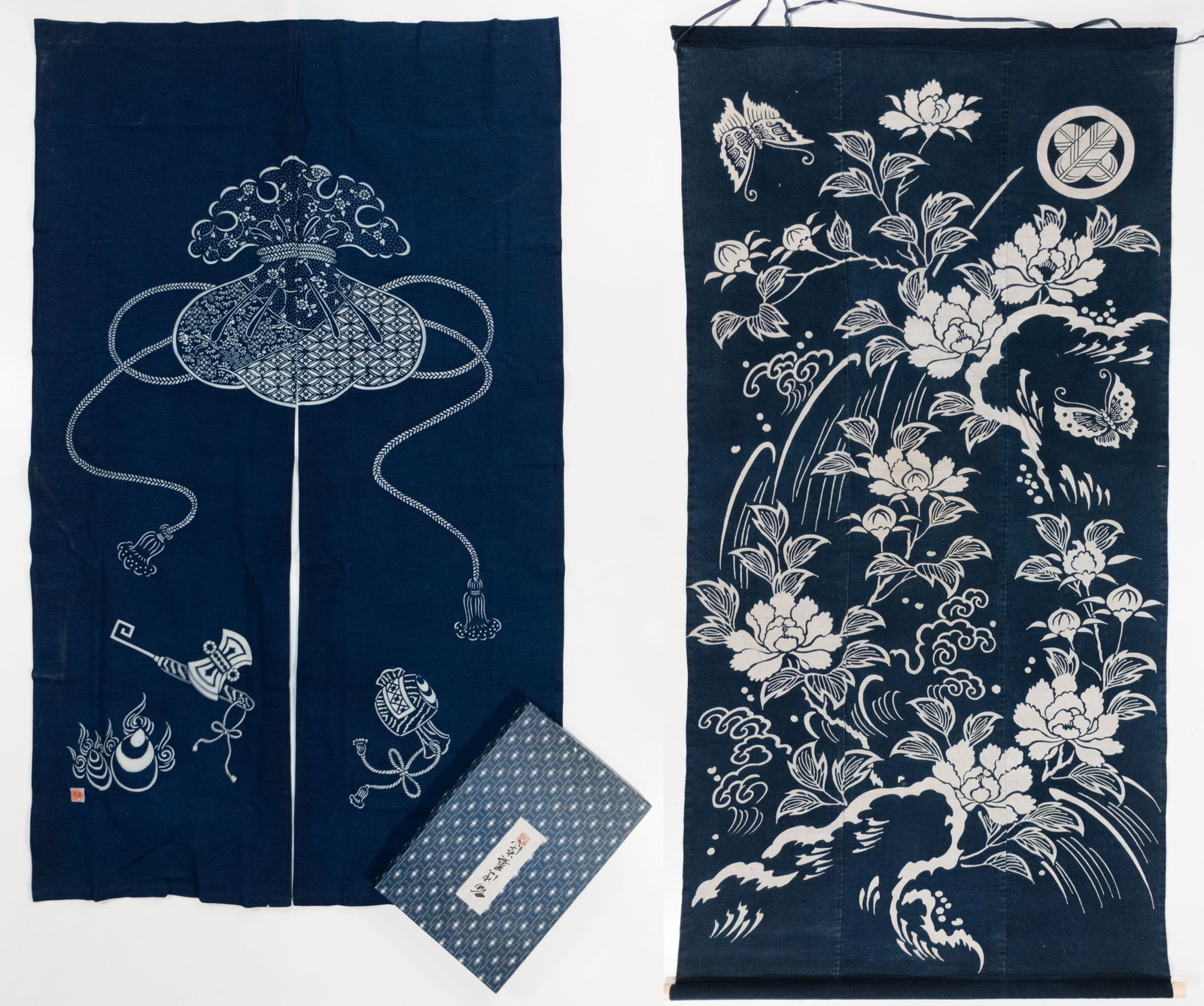 A PAIR OF JAPANESE DYE-RESIST TEXTILE PANELS: Measures 72 x 39.5 and 59.5 x 35 inches. Provenance: The estate of John Adair Jr. (1942-2025), founder and proprietor of Kurofune Antiques in Tokyo (est. 1978), a world-renowned destination for Japane