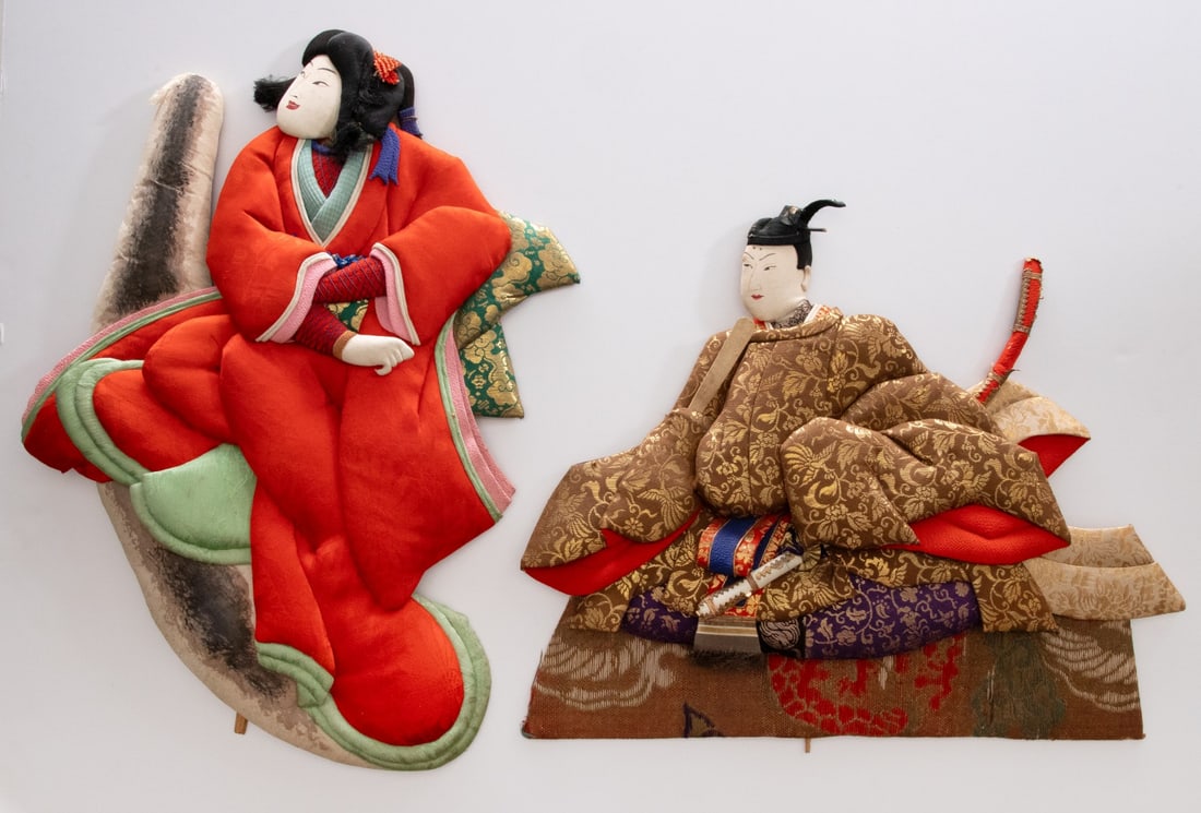 A COLLECTION OF TEN JAPANESE OSHIE ROD PUPPETS: The entire lot as shown. Sizes range from 11 x 16 to 17.75 x 13.5 inches. Provenance: The estate of John Adair Jr. (1942-2025), founder and proprietor of Kurofune Antiques in Tokyo (est. 1978), a worl