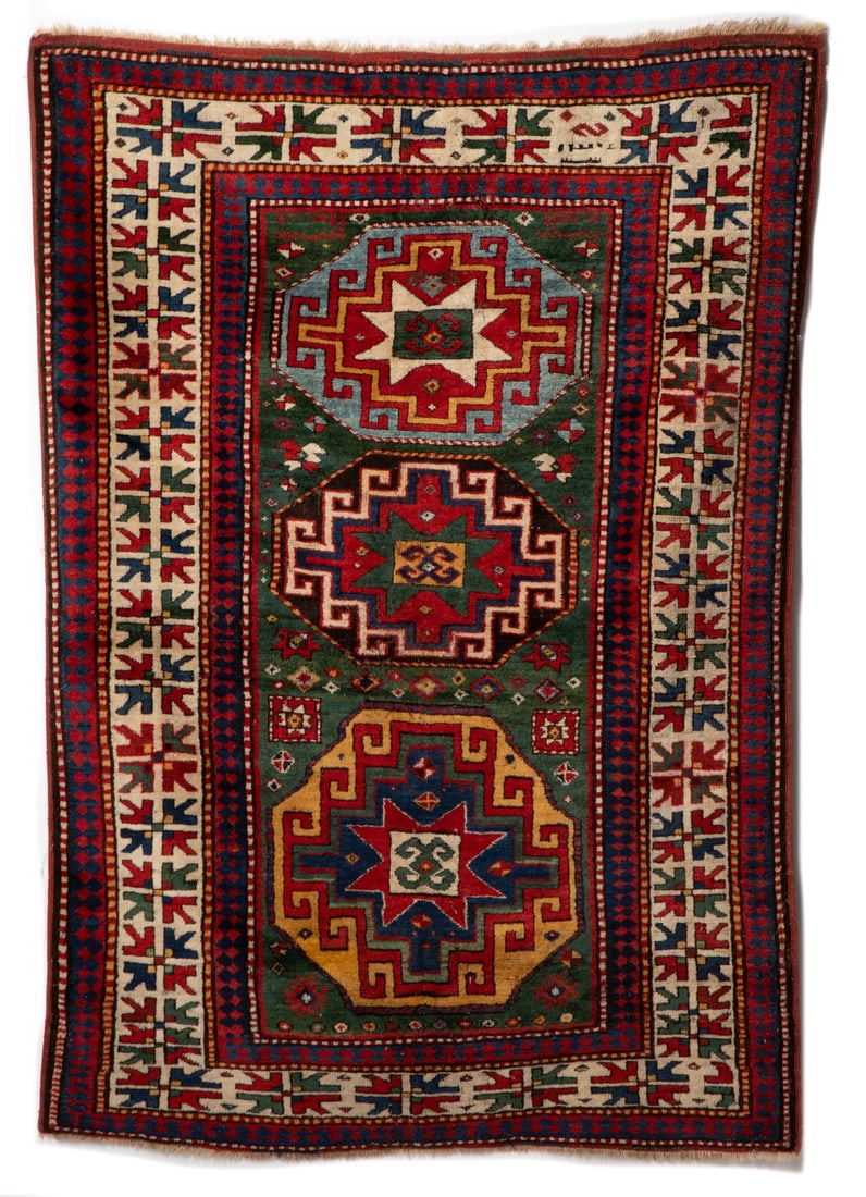 A KAZAK TRIPLE MEDALLION RUG WITH DATE, AS FOUND (1 of 17)
