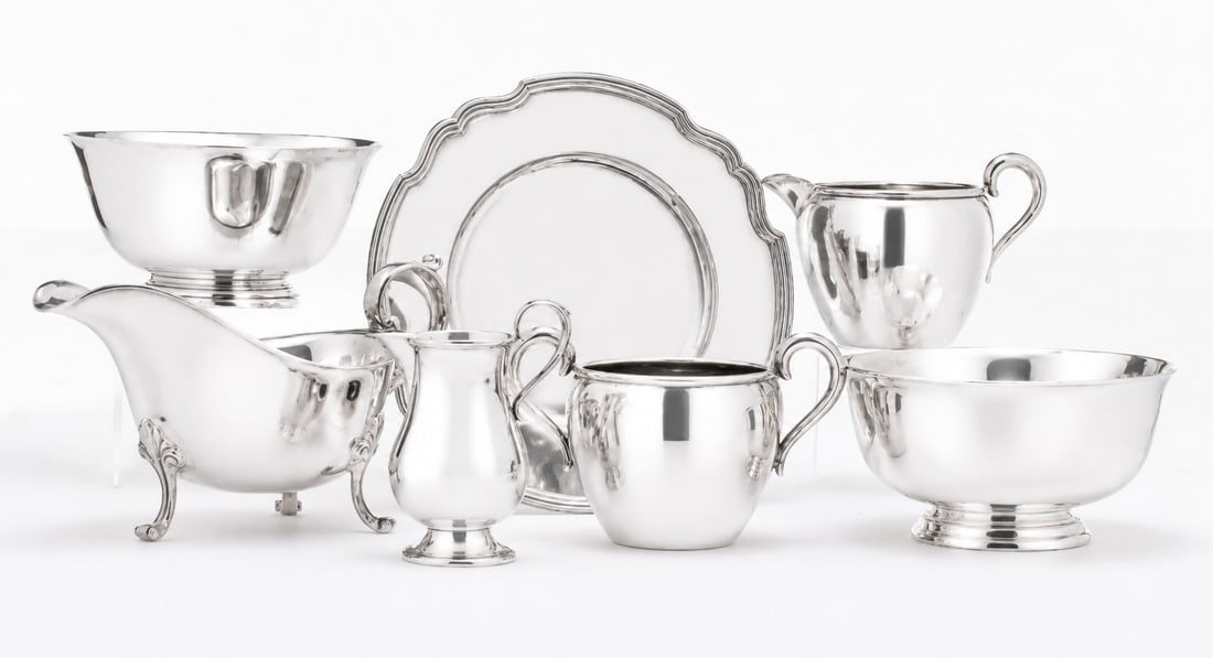 KIRK, PAUL REVERE REPRODUCTION & OTHER STERLING SILVER: The lead image os a facsimile. These items are darkly tarnished. Sizes range from 3 to 6.75 inches and weighs 30.35 ozt. Without proof of exemption, be aware that internet sales tax applies to all