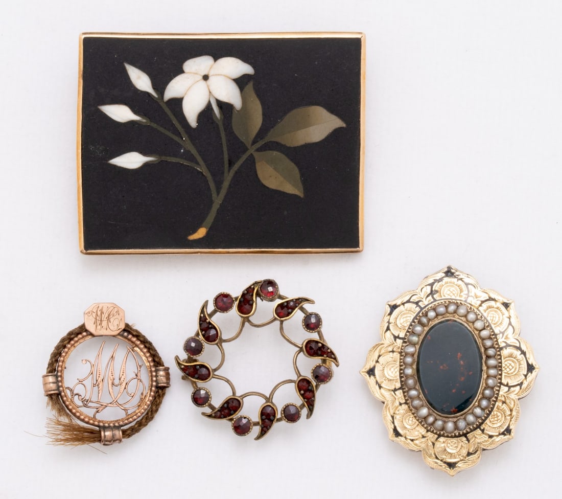 PIETRA DURA, MOURNING, BLOODSTONE & GOLD VICTORIAN PINS: The collection of Mayflower descendant family heirlooms dates to at least 1849 and includes a pietra dura plaque in 14k gold frame, an unusual circular rose gold pin with braided hair, a circular