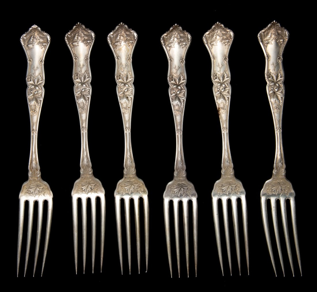 SIMPSON, HALL, MILLER RARE 'MAPLE LEAF' STERLING FORKS: Six sterling silver dinner forks in the rare and desirable Maple Leaf pattern, each with the Simpson, Hall, Miller & Co. maker's mark circa 1895-98. Each fork measures 7.5 inches and weighs 10.2