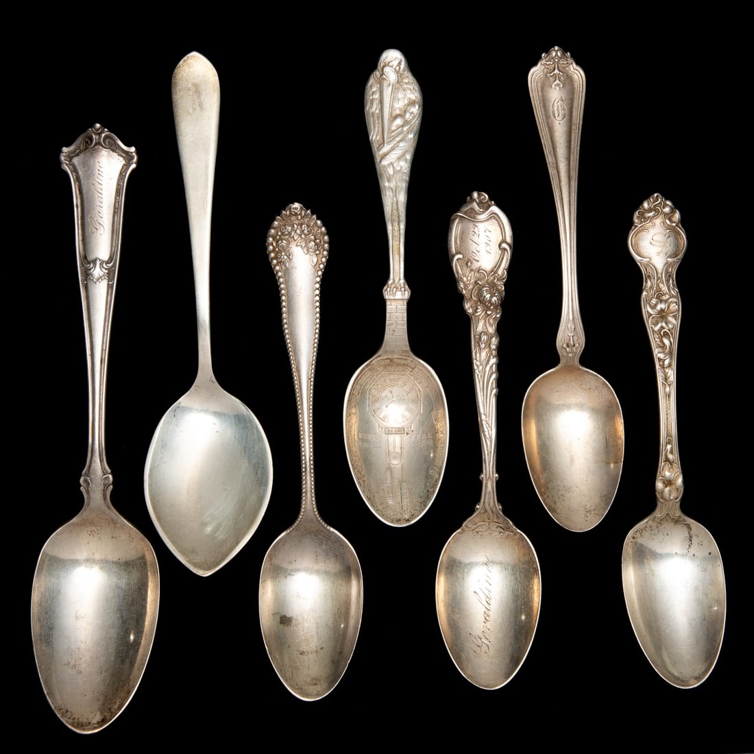 FIGURAL STORK AND OTHER STERLING SILVER SPOONS: Sizes range from 5.75 to 7.25 inches and weighs 7 ozt. Without proof of exemption, be aware that internet sales tax applies to all Internet transactions and local sales tax may apply to local pick-up