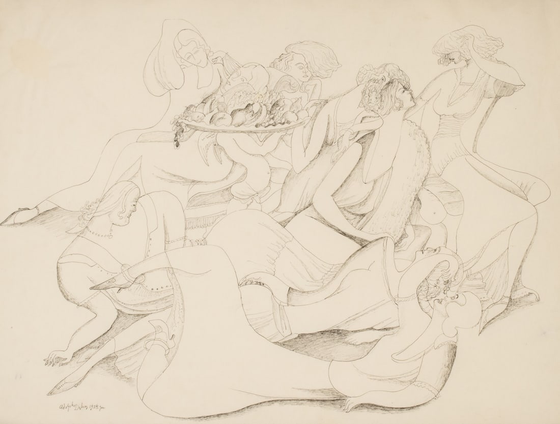 ADOLF DEHN (1895-1968) 1924 PARIS INK DRAWING: Adolf Arthur Dehn (1895-1968) Cornucopia 1924 The Jazz Age Bacchanalia-like scene is signed and dated lower left, titled verso. Acquired directly from the artist's family. This, and other works with