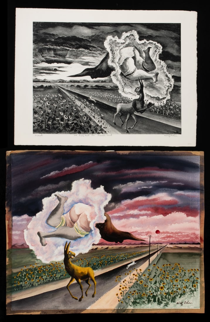 ADOLF DEHN WATERCOLOR AND SUBSEQUENT LITHOGRAPH C 1942: Adolf Arthur Dehn (1895-1968) Oh Eternity, Thou Thunder Word (Oh Ewigkeit du Donner Wort) Circa 1942 An original watercolor on paper signed lower right and titled verso, plus the pencil signed