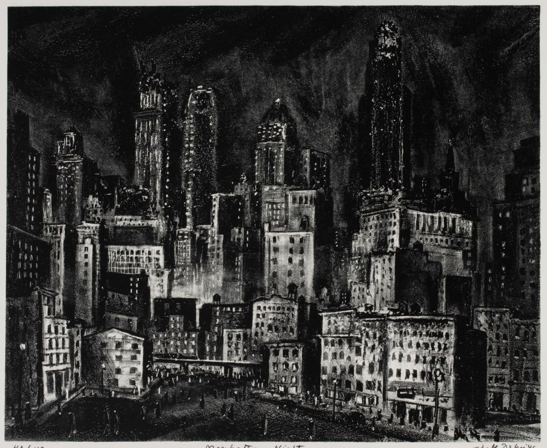ADOLF DEHN (1895-1968) 'MANHATTAN NIGHT' LITHO 1946: Adolf Arthur Dehn (1895-1968) Manhattan Night 1946 The fine dark impression, numbered 40 from an edition of only 40, is signed and dated by the artist in pencil below the image lower right and titled