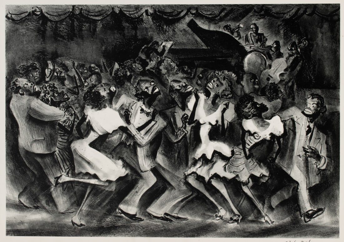 ADOLF DEHN 'SWINGING AT THE SAVOY RARE 1941 LITHOGRAPH: Adolf Arthur Dehn (1895-1968) Swinging at the Savoy 1941 The scarcely seen lithograph from an edition of only 30 prints on RIVES watermark paper is signed by the artist in pencil below the image