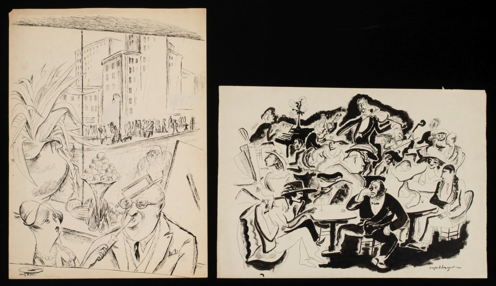 ADOLF DEHN (1895-1968) JAZZ AGE PEN AND INK STUDIES (2): Adolf Arthur Dehn (1895-1968) Two original works on paper acquired directly from the artist's family. Unframed. 1. Broadway. Signed lower left and titled in graphite. Sheet measures 20 x 14.25